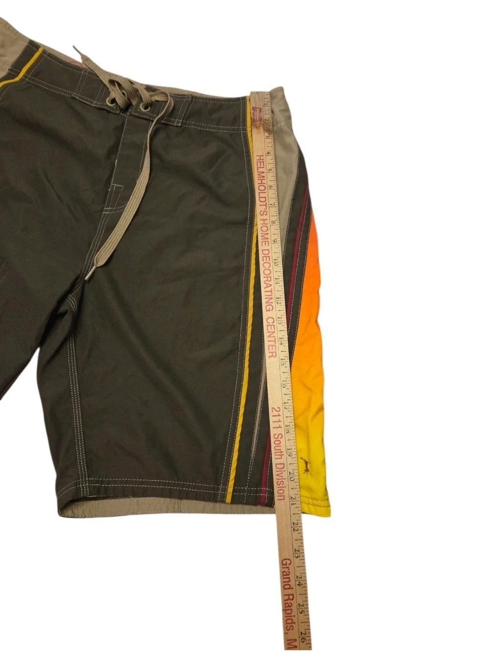 Y2K OP Men's Olive Swim Board Shorts with Yellow and Orange Gradient Panels